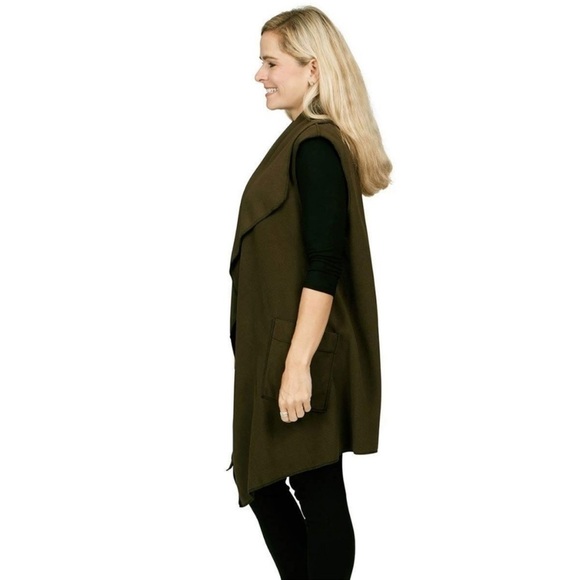 Le Moda Open Front Fleece Vest Cardigan Long Line Olive Green Pockets Lagenlook - Picture 7 of 9